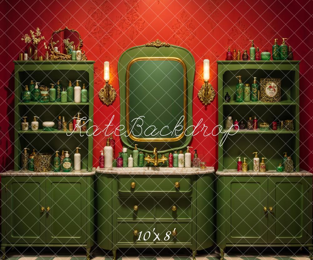 Kate Vintage Red Wall Dark Green Beauty Shop Backdrop Designed by Emetselch - Image 5