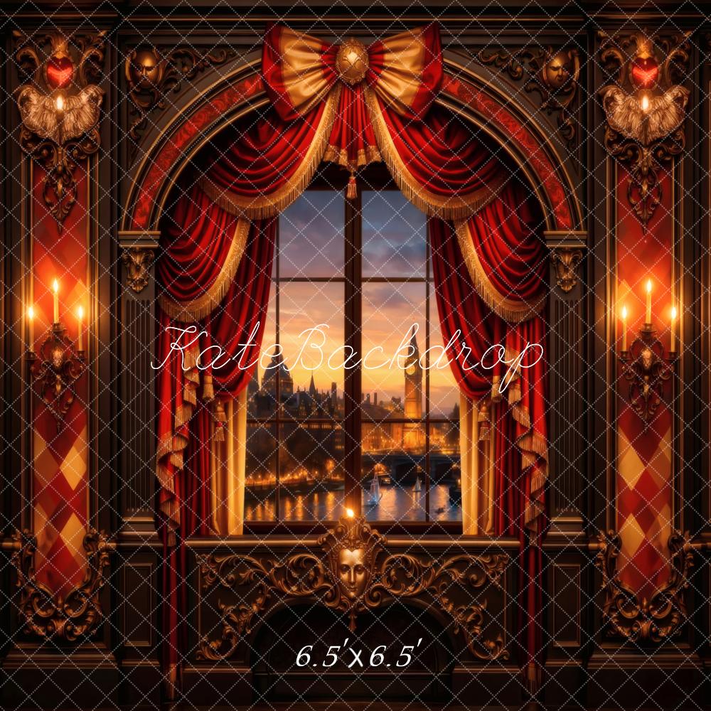 Kate Vintage Window Red Drapes Candlelight Backdrop Designed by Vertigo Productions - Image 2