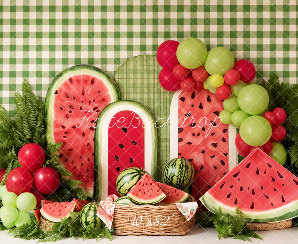 Kate Summer Watermelon Balloons Green Gingham Backdrop Designed by Emetselch - Image 8