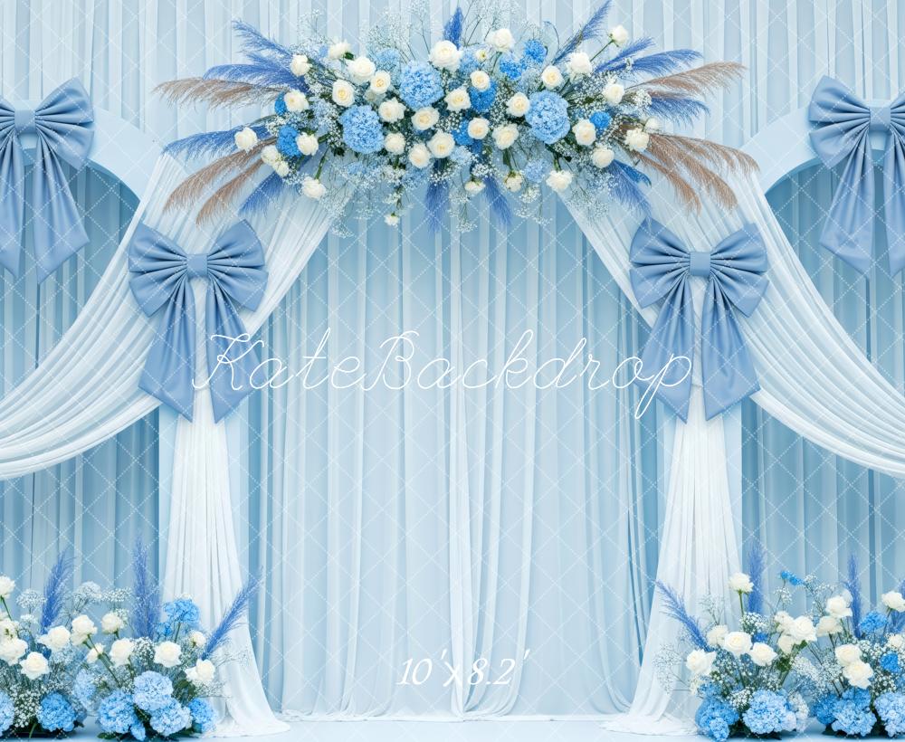 Kate Wedding Blue Drapes Floral Arch Fleece Backdrop Designed by Patty Robert - Image 3
