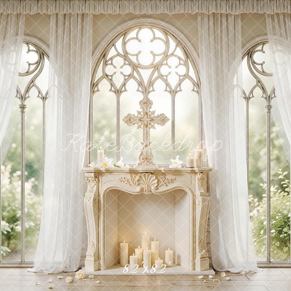 Kate Wedding Cross Fireplace Candles White Curtains Backdrop Designed by Chain Photography - Image 5