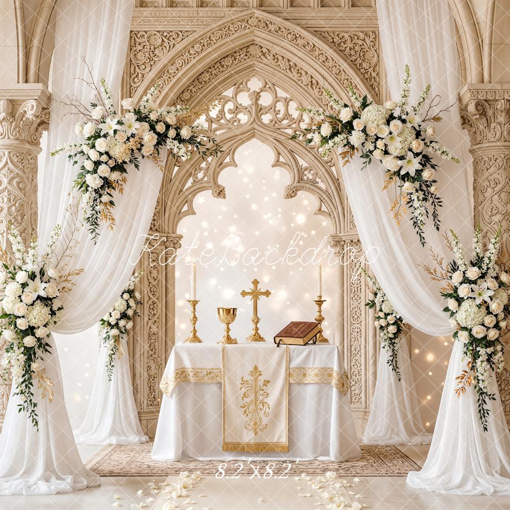 Kate Wedding Floral Altar Gold Chalice Columns Backdrop Designed by Chain Photography - Image 5