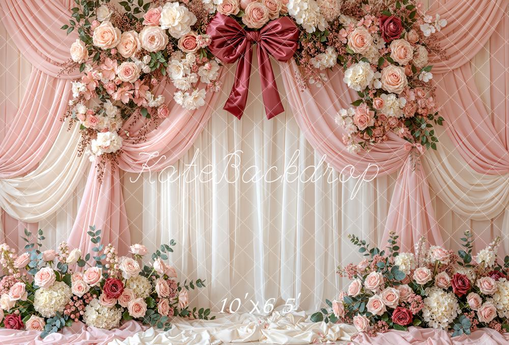 Kate Wedding Floral Arch Bow Pink Drapes Fleece Backdrop Designed by Emetselch - Image 2