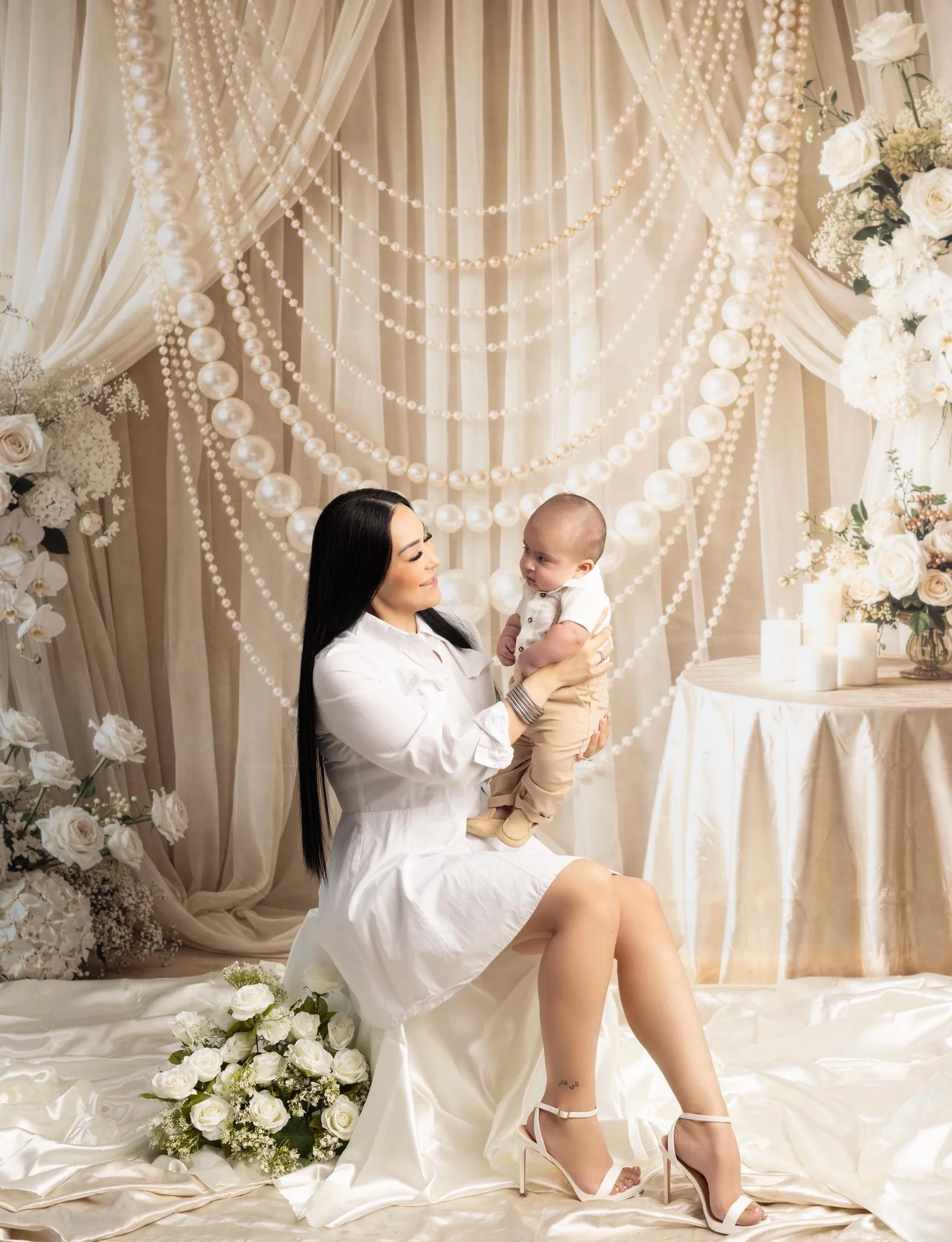 Kate Wedding Floral Pearl Drapes Candle Backdrop Designed by Emetselch