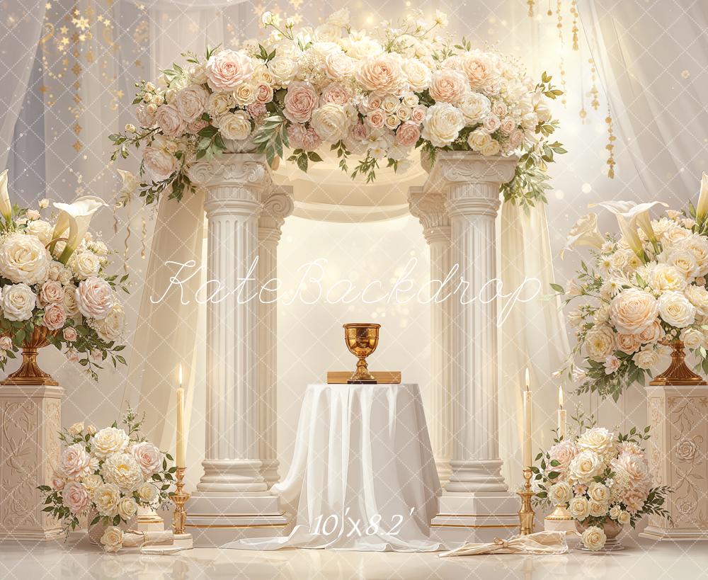 Kate Wedding Flower Arch Chalice White Columns Backdrop Designed by Chain Photography - Image 6
