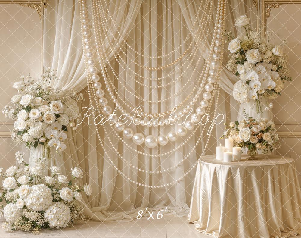 Kate Wedding Pearl Garland Floral Cream Fleece Backdrop Designed by Emetselch
