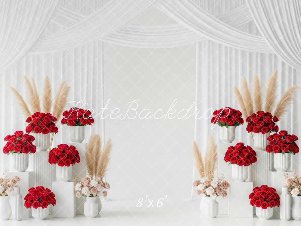 Kate Wedding Red Roses Pampas Grass Pedestals White Drapes Fleece Backdrop Designed by Patty Robert