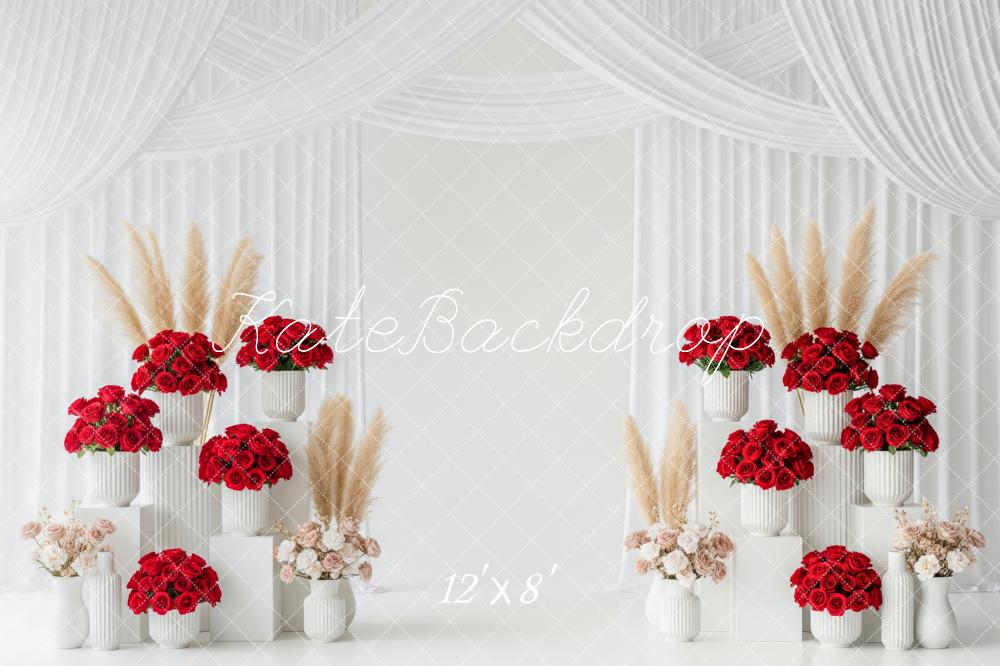 Kate Wedding Red Roses Pampas Grass Pedestals White Drapes Fleece Backdrop Designed by Patty Robert - Image 4