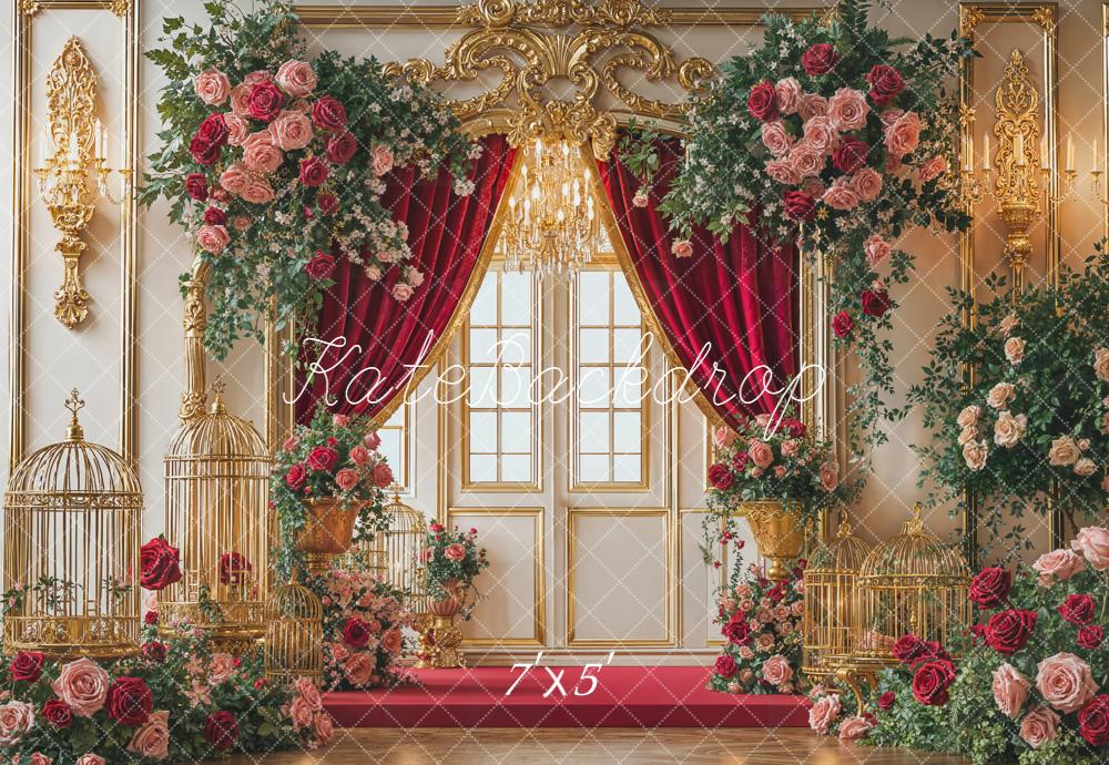 Kate Wedding Rose Gold Birdcages Red Curtain Backdrop Designed by Emetselch