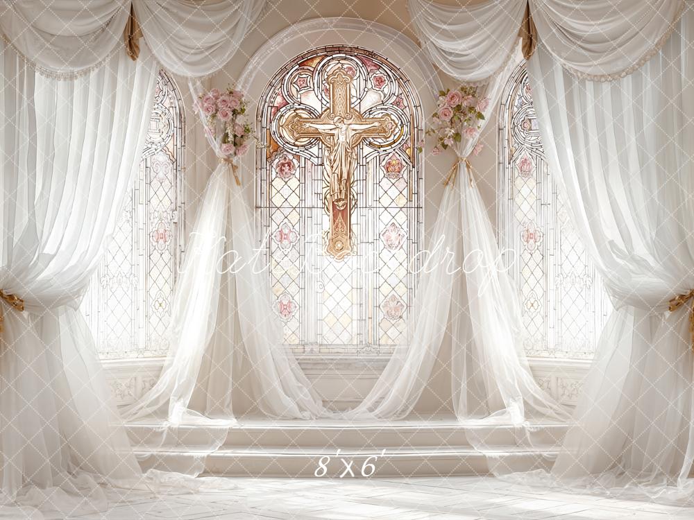 Kate Wedding Stained Glass Cross Floral Drapes Fleece Backdrop Designed by Emetselch