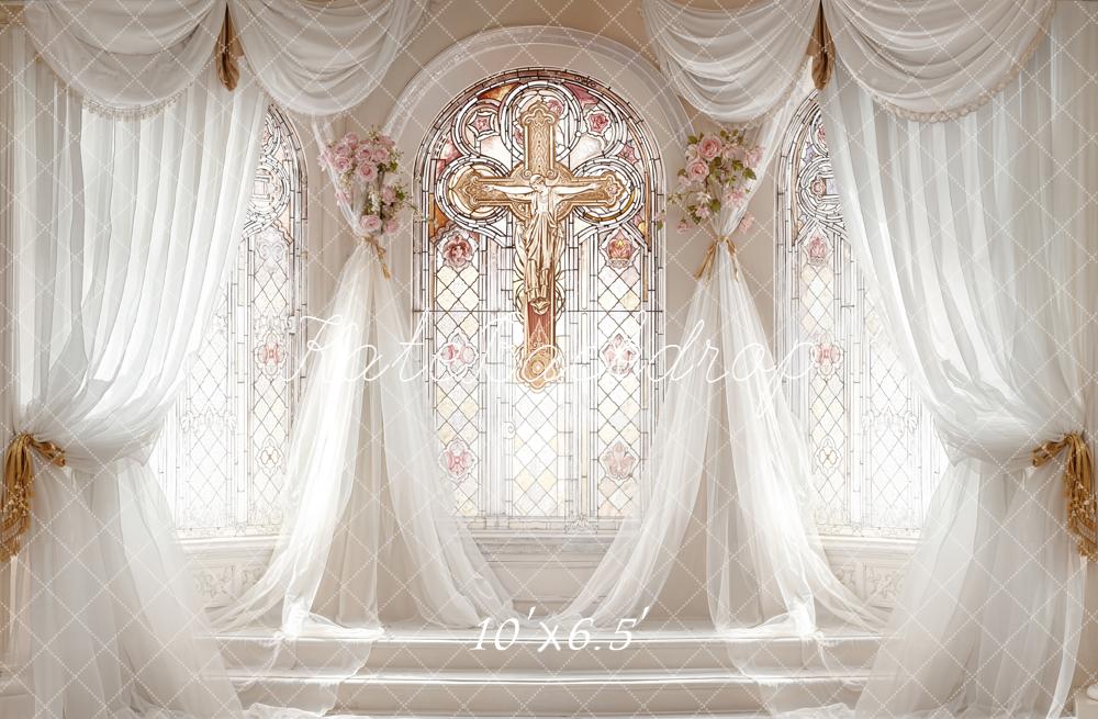 Kate Wedding Stained Glass Cross Floral Drapes Fleece Backdrop Designed by Emetselch - Image 2