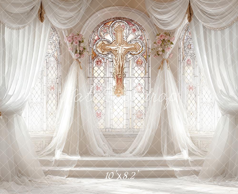 Kate Wedding Stained Glass Cross Floral Drapes Fleece Backdrop Designed by Emetselch - Image 3