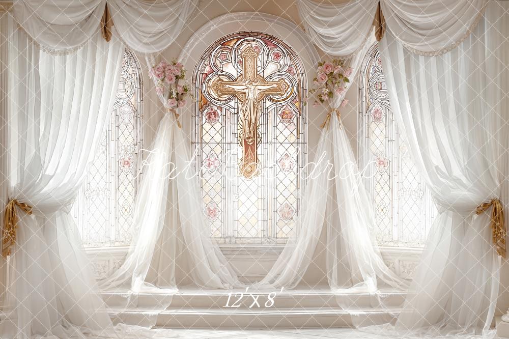 Kate Wedding Stained Glass Cross Floral Drapes Fleece Backdrop Designed by Emetselch - Image 4