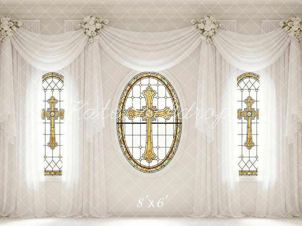 Kate Wedding Stained Glass Cross Floral Fleece Backdrop Designed by Patty Robert