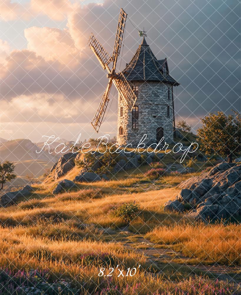 Kate Windmill Stone Tower Sunset Field Fleece Backdrop Designed by Chain Photography - Image 3