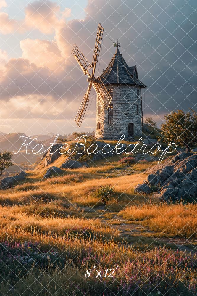 Kate Windmill Stone Tower Sunset Field Fleece Backdrop Designed by Chain Photography - Image 4
