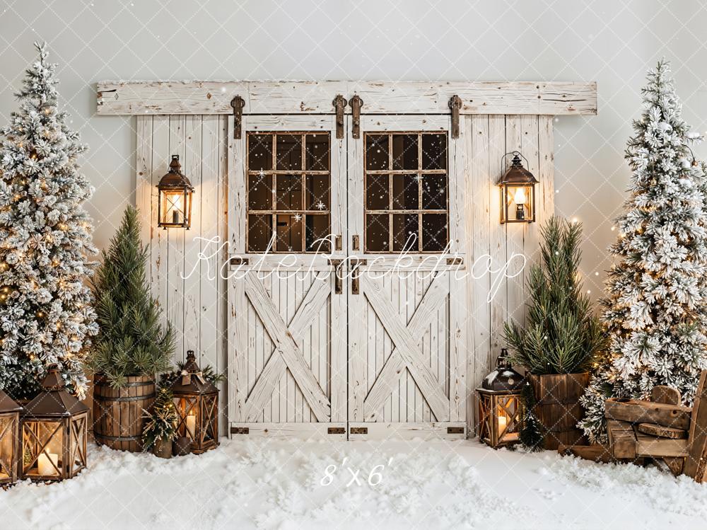 Kate Winter Barn Door Snow Lanterns Fleece Backdrop Designed by Emetselch