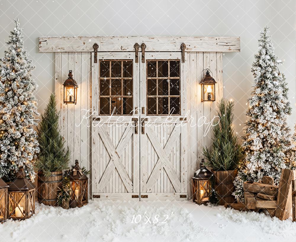 Kate Winter Barn Door Snow Lanterns Fleece Backdrop Designed by Emetselch - Image 3
