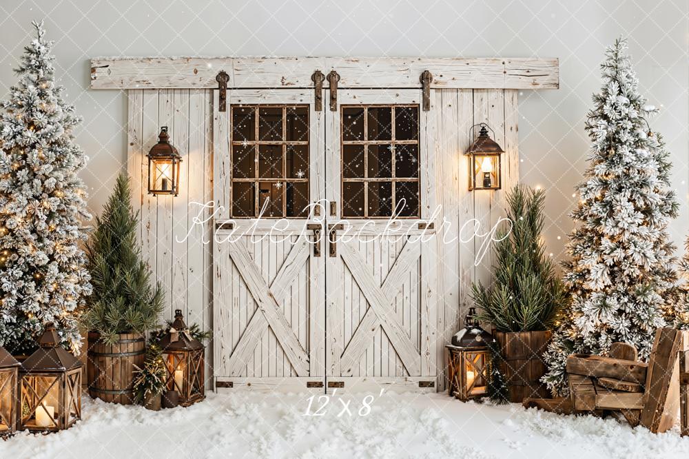 Kate Winter Barn Door Snow Lanterns Fleece Backdrop Designed by Emetselch - Image 4