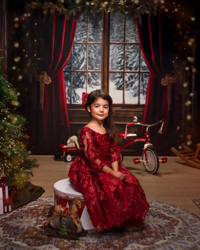 Kate Winter Christmas Red Curtain Window Backdrop Designed by Emetselch