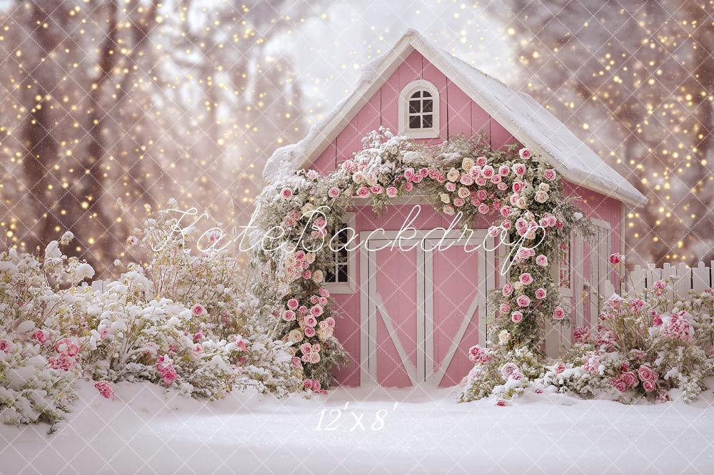 Kate Winter Pink Cottage Snow Backdrop Designed by Angela Marie Photography - Image 8