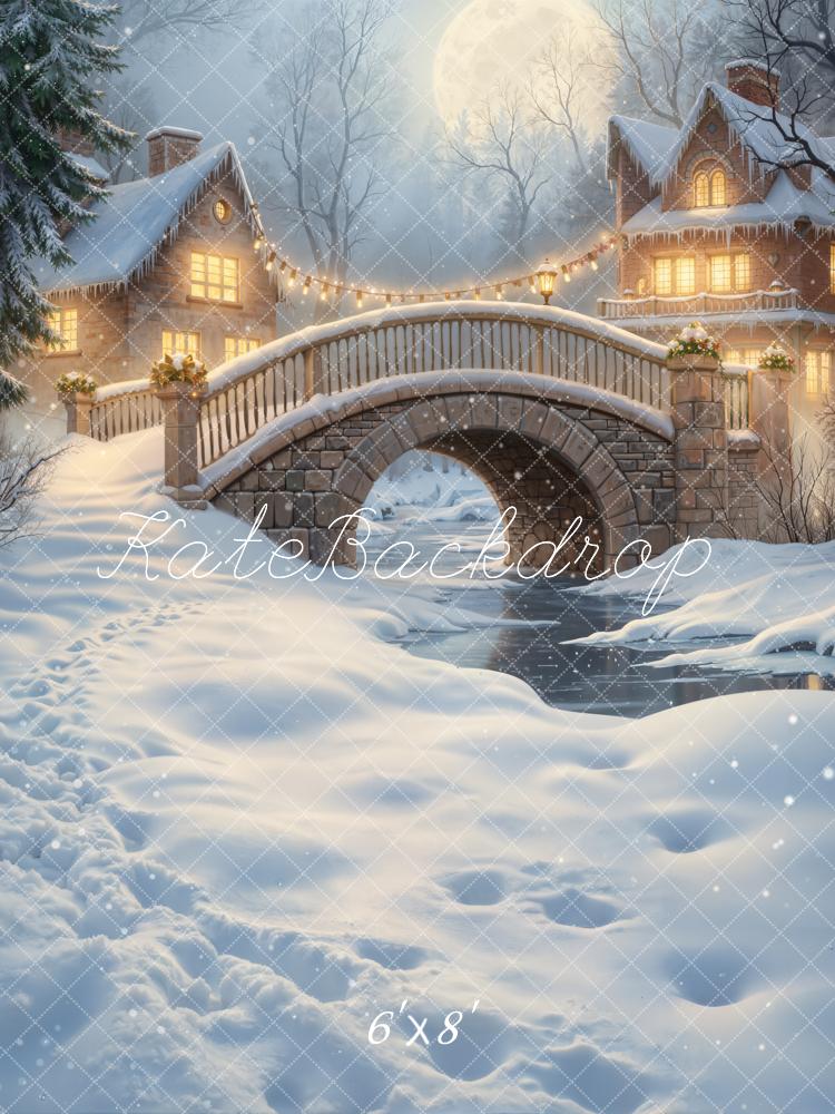 Kate Winter Snow Bridge Houses Moonlight Fleece Backdrop Designed by GQ