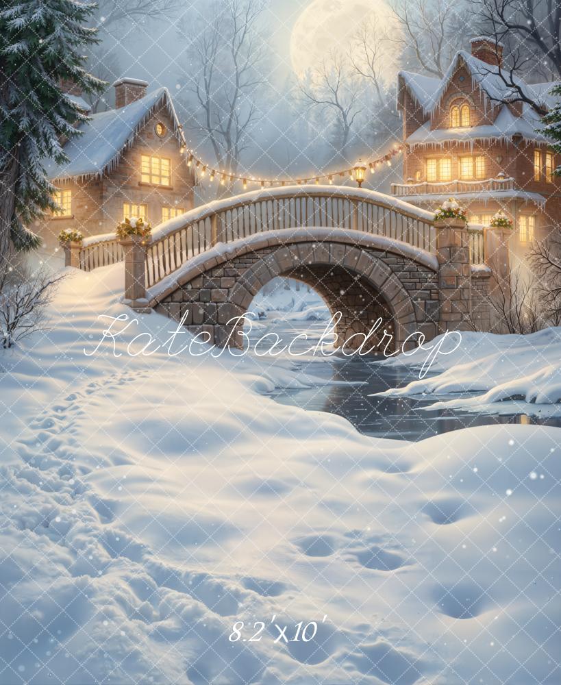 Kate Winter Snow Bridge Houses Moonlight Fleece Backdrop Designed by GQ - Image 3