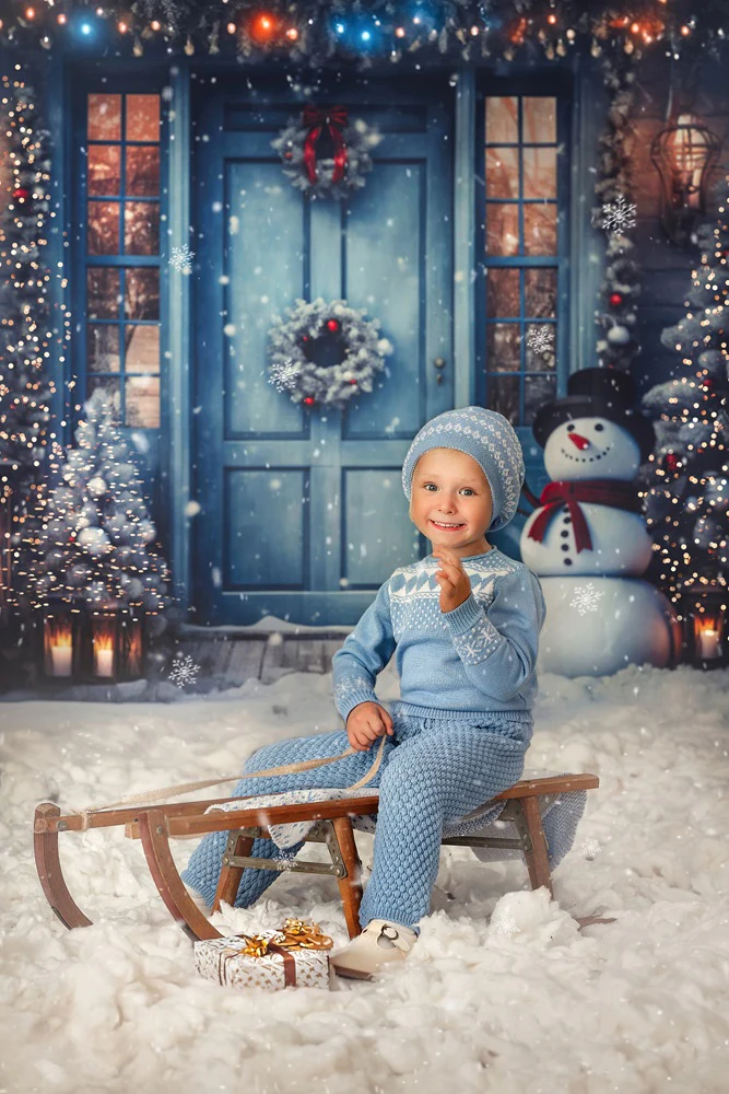 Kate Christmas Winter Snowy Blue Door Snowman Backdrop Designed by Chain Photography