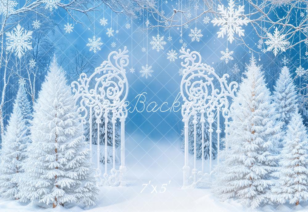 Kate Winter Snowy Trees Ornate Gate Blue Backdrop Designed by Emetselch