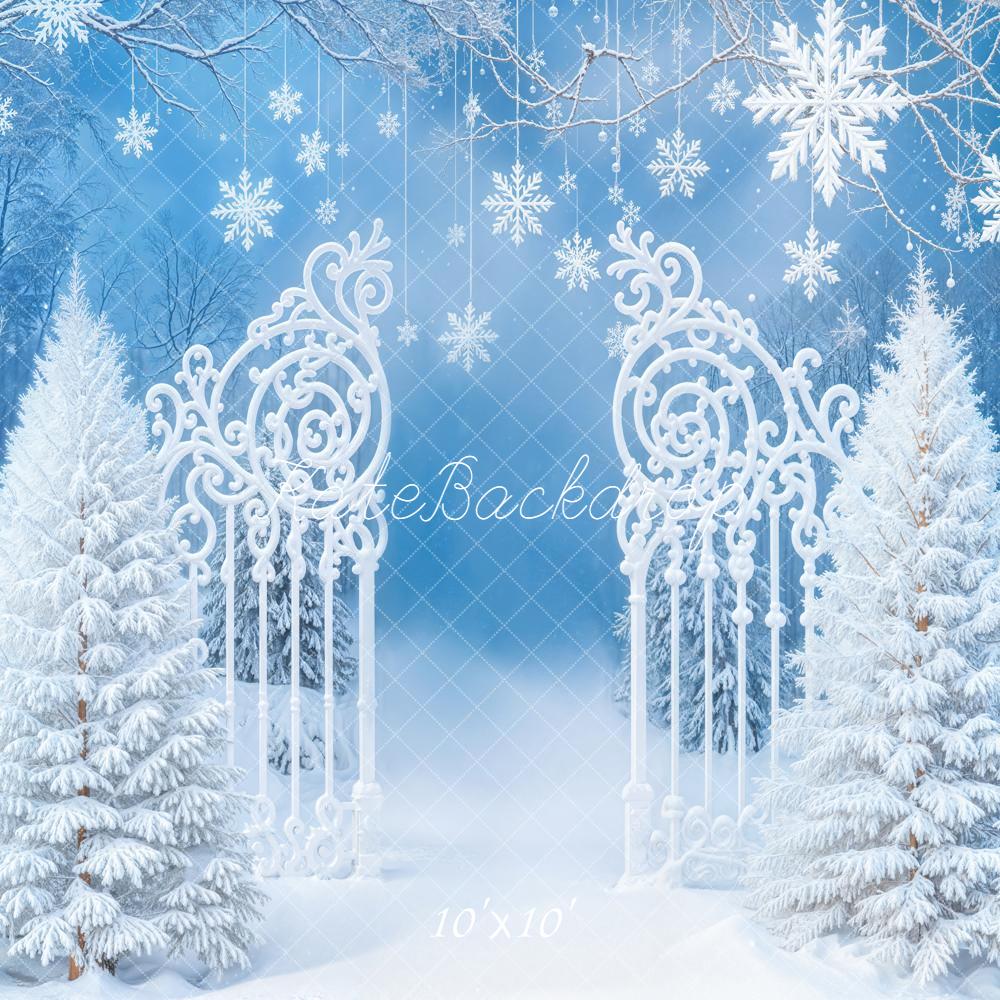 Kate Winter Snowy Trees Ornate Gate Blue Backdrop Designed by Emetselch - Image 7