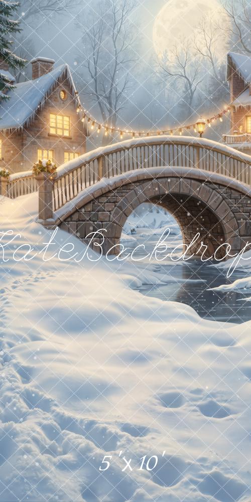 Kate Winter Stone Bridge Snowy Houses Moonlit Night Backdrop Designed by GQ - Image 8