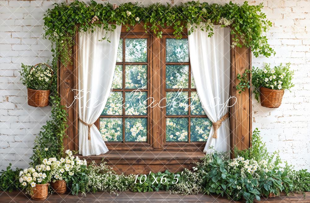Kate Spring Wooden Window Green Leaves Fleece Backdrop Designed by Emetselch - Image 2