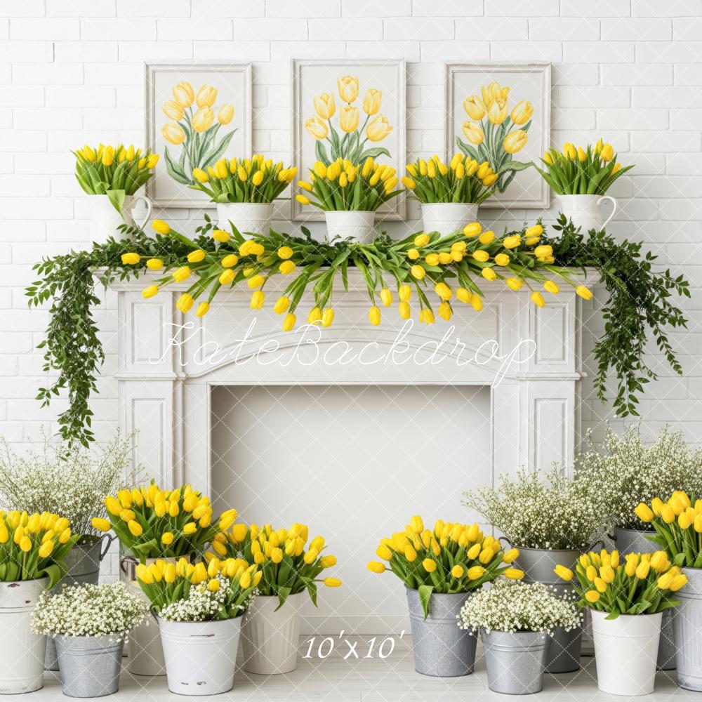 Kate Yellow Tulips Fireplace White Brick Wall Backdrop Designed by Patty Robert - Image 7