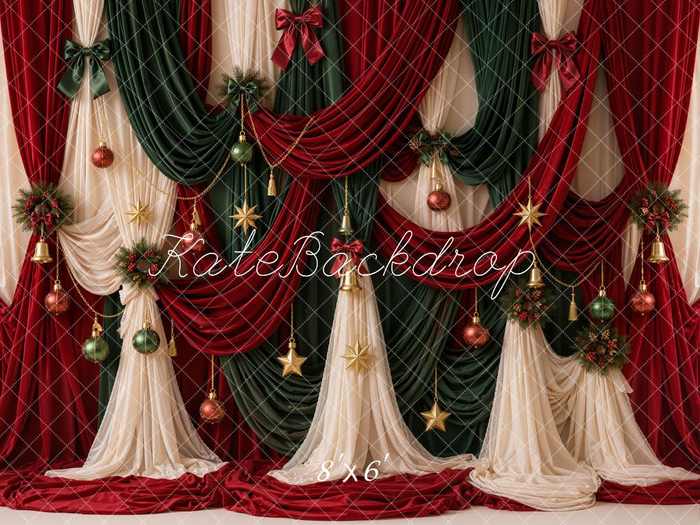 Kate Christmas Red Green Curtains Baubles Wreaths Backdrop Designed by Emetselch - Image 3
