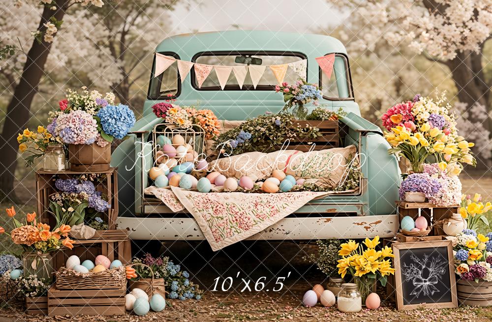 Kate Easter Truck Floral Pastel Eggs Backdrop Designed by Emetselch - Image 4