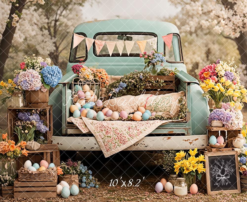 Kate Easter Truck Floral Pastel Eggs Backdrop Designed by Emetselch - Image 6