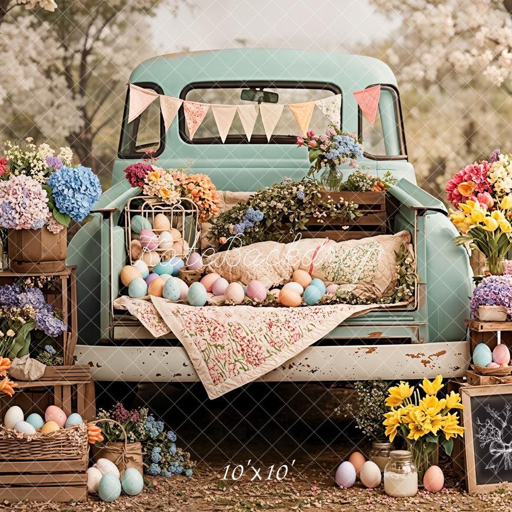 Kate Easter Truck Floral Pastel Eggs Backdrop Designed by Emetselch - Image 7
