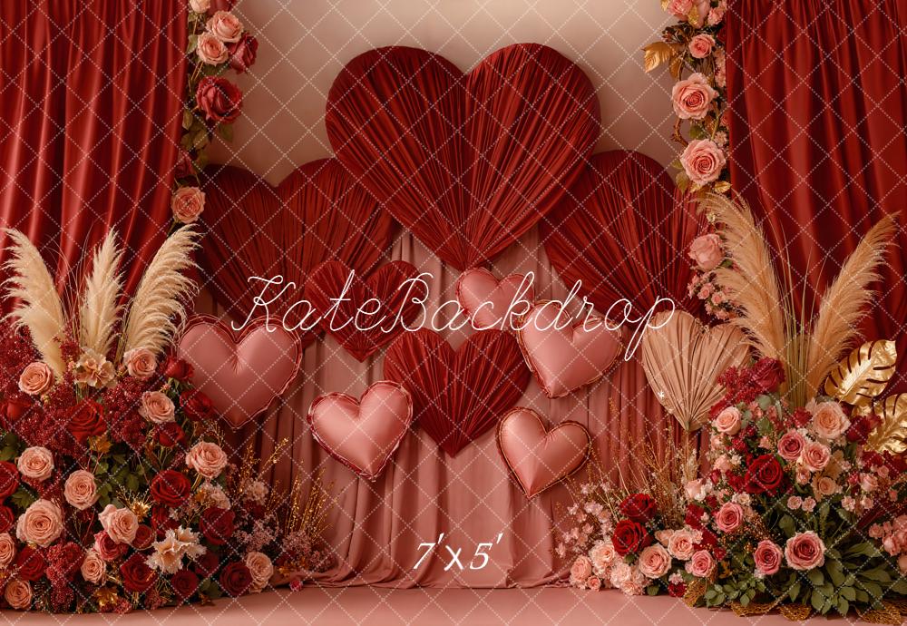Kate Valentine Hearts Floral Arrangement Red Curtains Backdrop Designed by Emetselch