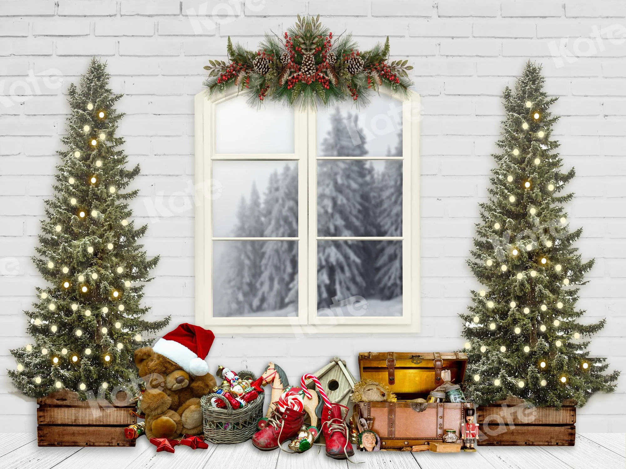 Kate Christmas Backdrop White Windows Trees Designed By JS Photography